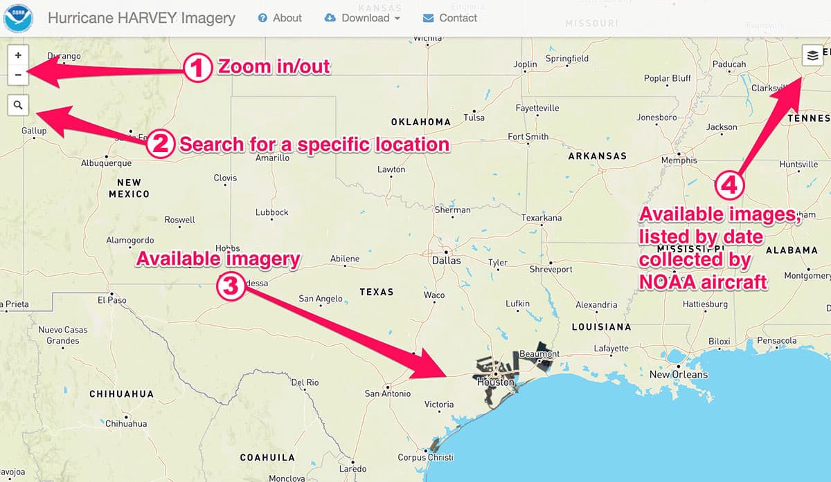map of Hurricane Harvey imagery with instructions about how to read