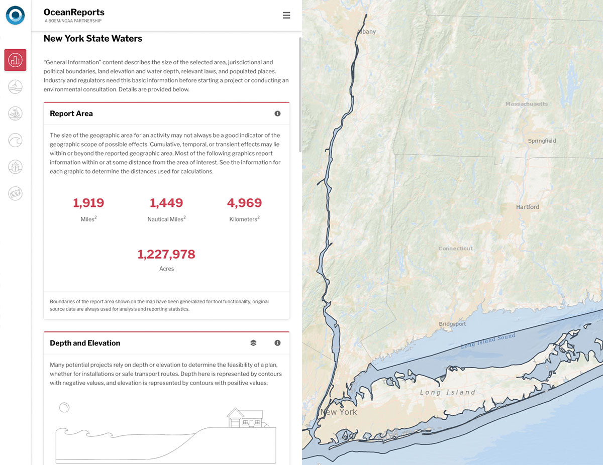 This screen capture of a report for New York state coastal waters shows the first page of a typical report. Select the link on this image to view the live New York OceanReports page with readable text.