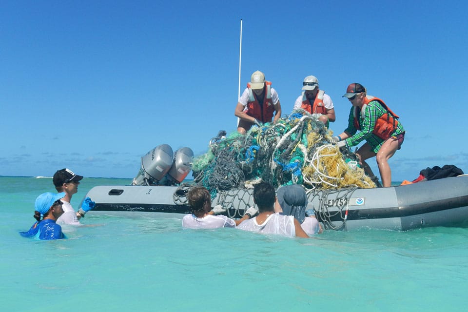 In 2014, NOAA removed about 57 tons of derelict fishing nets and plastic from the Papahanaumokuakea Marine National Monument's islands and atolls.
