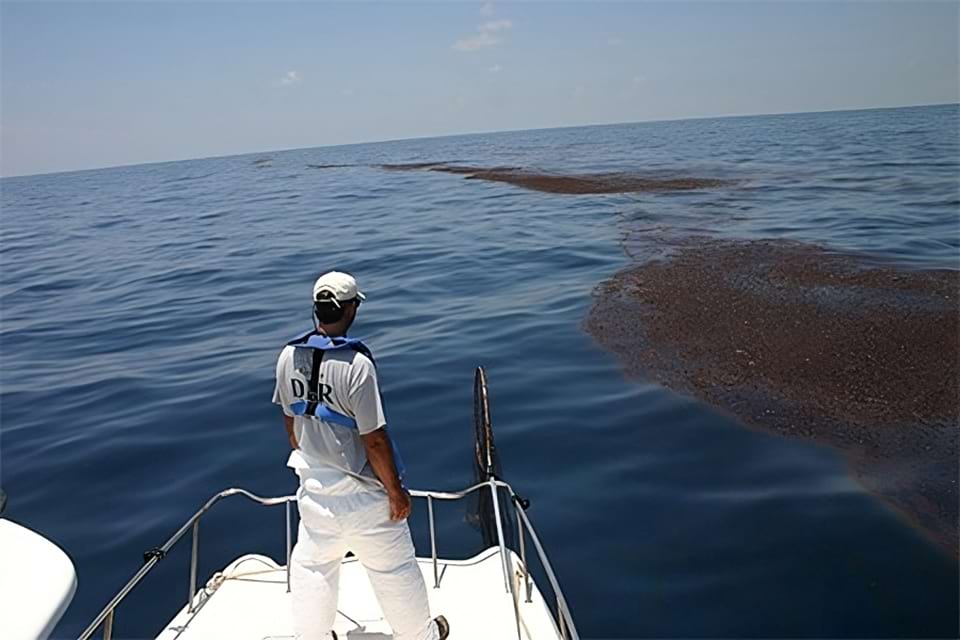 A man on a boat looking at oiled Sargassum. Photo credit: NOAA Office of Response and Restoration