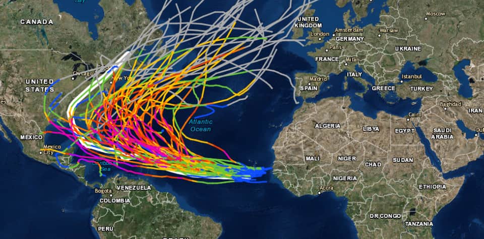 global image showing historic hurricane landfalls