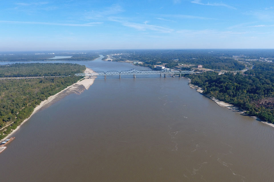 An aerial drone photo of the Mississippi River near Vicksburg,