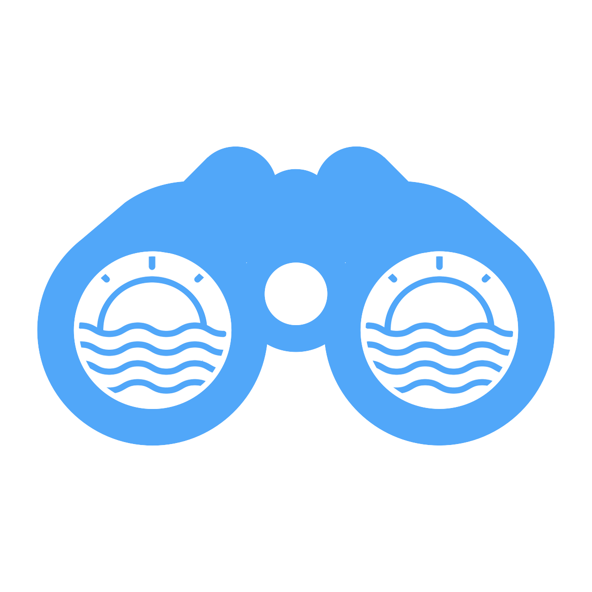 Observations icon - binoculars looking at sun setting behind waves