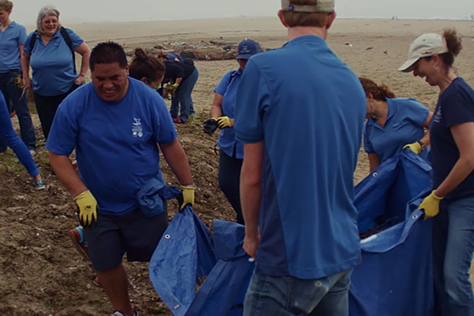 volunteers help clean up a beach