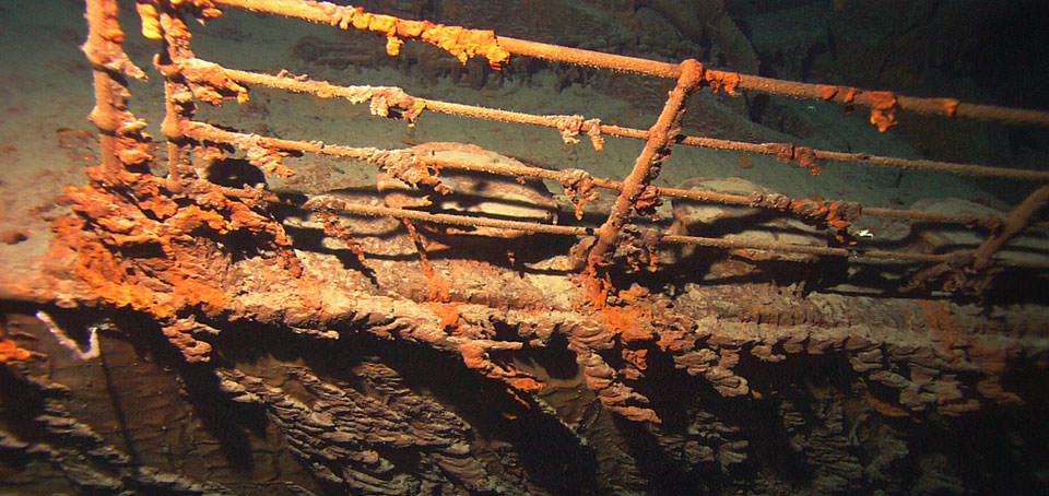 The starboard railing near the bow of the Titanic as photographed in 2004 by ROV Hercules deployed from the NOAA ship Ronald H. Brown. Credit: NOAA / Institute for Exploration/University of Rhode Island or NOAA—IFE/URI.