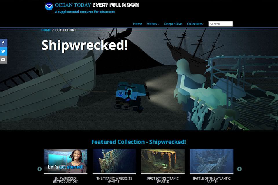 A screenshot of the NOAA Ocean Today website showing the shipwrecks collection