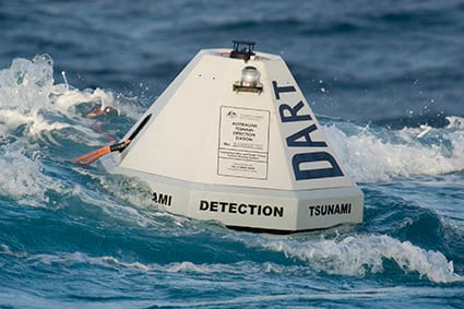 NOAA DART (Deep-ocean Assessment and Reporting of Tsunamis) buoys are located strategically throughout the ocean — often close to locations where earthquakes that generate tsunamis are likely to happen 