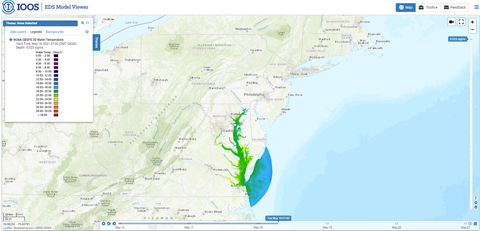 A screenshot of the Chesapeake Bay Operational Forecast System 3D Water Temperature taken from the U.S. Integrated Ocean Observing System (IOOSⓇ) Model Viewer.