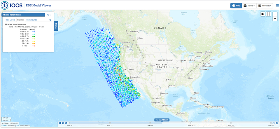 A screenshot of the West Coast Operational Forecast System (WCOFS) Currents taken from the IOOS Model Viewer. 