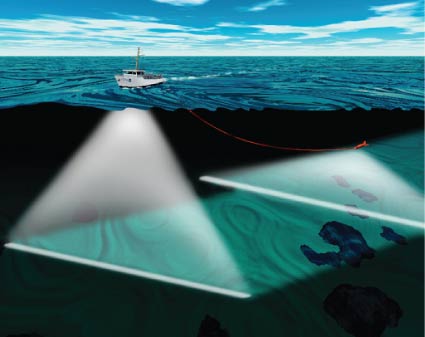 Hydrographic survey vessels use both a multibeam sonar and towed side scan sonar to map the seafloor.