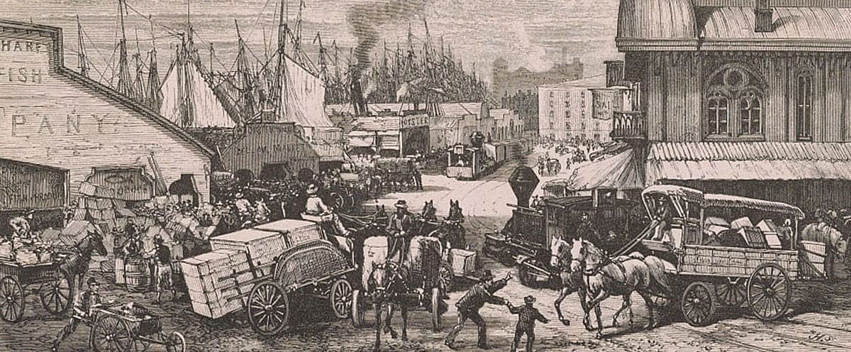 Print shows congestion of horse-drawn carts and wagons overburdened with merchandise on Dock Street, also handcarts, teamsters and longshoremen, and railroad locomotives and cars for hauling goods from ships to markets, includes many wholesale buildings and a transportation terminal, and the masts of many ships docked along the waterfront. 