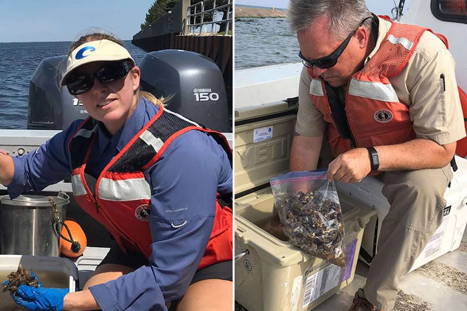 Podcast guests Amy V. Uhrin, chief scientist for NOAA’s Marine Debris Program, and Ed Johnson, physical scientist with NOAA's Mussel Watch Program. Here, Amy and Ed are shown collecting samples of invasive zebra mussels on a research vessel in Lake Michigan.