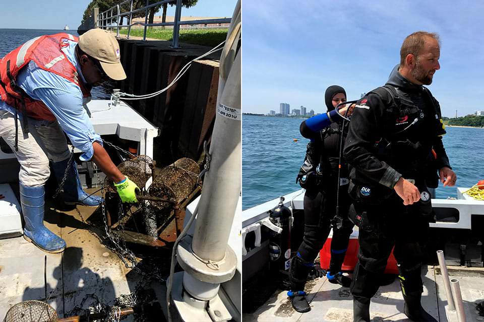 Left image: Kimani Kimbrough, NOAA physical scientist with the Mussel Watch program, recovers a mooring with caged mussels near the seawall at Jones Island wastewater treatment plant in Milwaukee, Wisconsin. Right image: Shelly Tomlinson, NOAA research oceanographer, and Beau Bramer, Northeast regional manager with NOAA's Great Lakes Environmental Research Laboratory, prepare to dive for mussels in Milwaukee Bay, Lake Michigan.