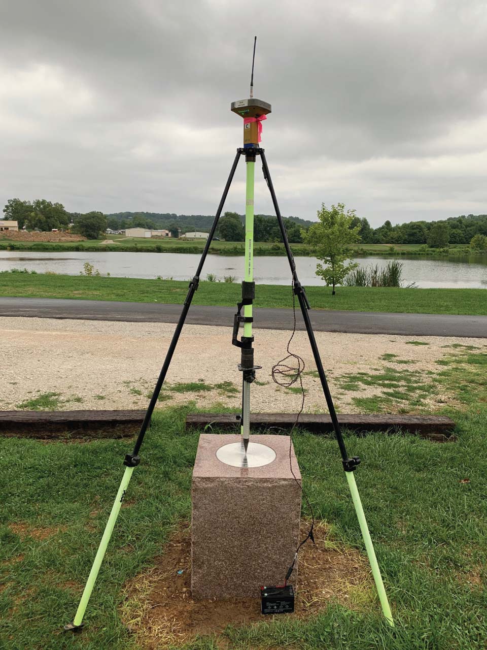 This survey tripod was used to precisely measure the location of the commemorative marker for the 2020 U.S. Center of Population in Hartville, Missouri.