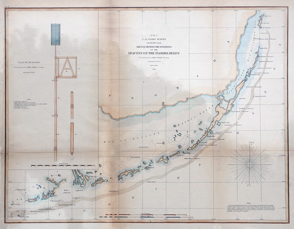 This 1855 map, created by the U.S. Coast Survey, shows beacon locations on Florida Keys' reefs