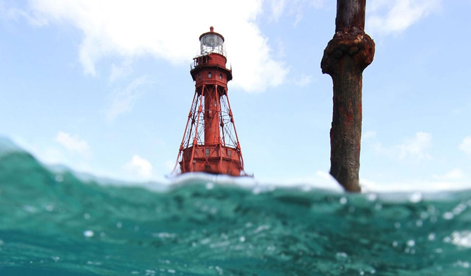 The rusty remnants of a Totten Beacon located near American Shoal lighthouse. Photo credit: M. Lawrence.