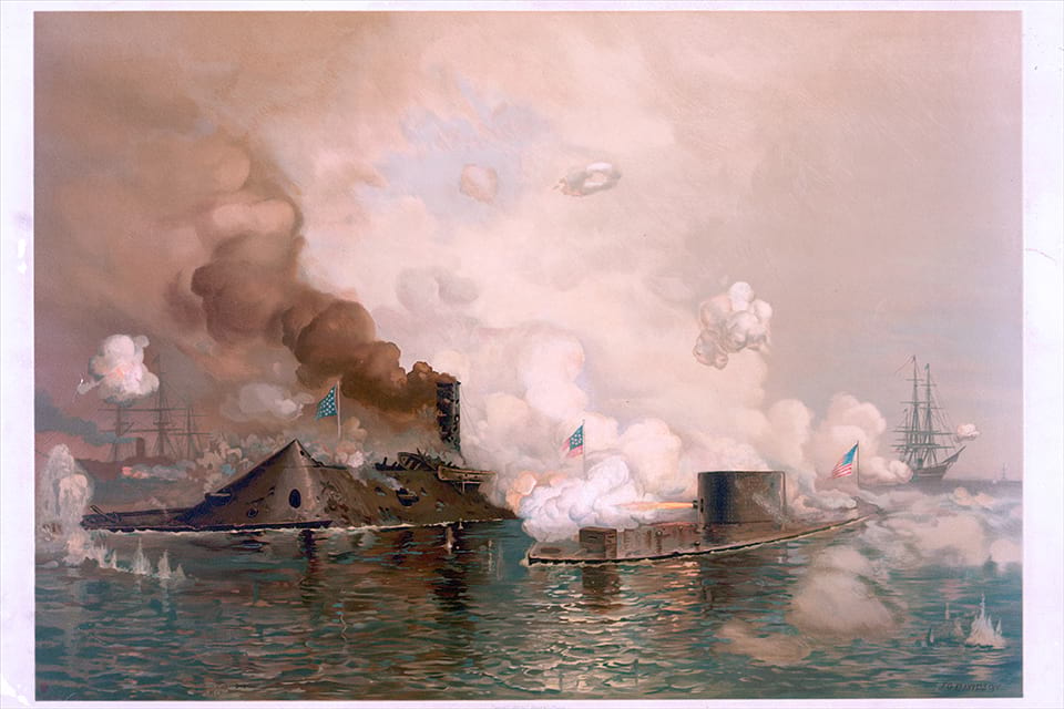 Painting by J.O. Davidson of the Battle of Hampton Roads fought on March 9, 1862, between USS Monitor and CSS Virginia